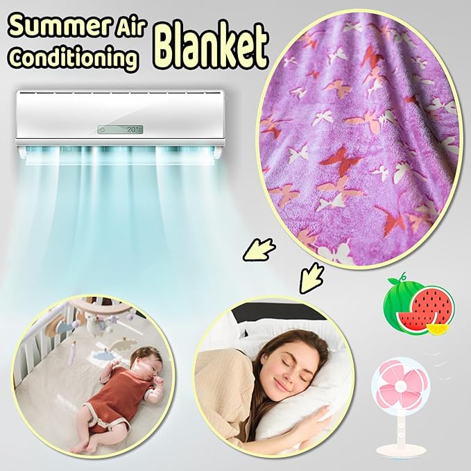 Best Gift Butterfly Glow in The Dark Throw Blanket with Storage Bag, Best Gift Soft Throw Blanket for Girls Boys, Camping Blanket, Gifts for Children Ages 1-10, Kids Blanket, Purple