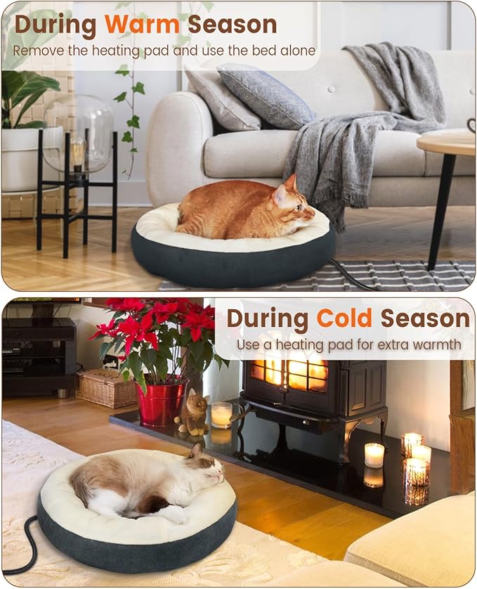 Heated Cat Beds for Indoor Cats, Soft Round Warming Heated Pet Bed for Small Medium Size Cats, Electric Cat Heating Bed for Kittens 19 Inches