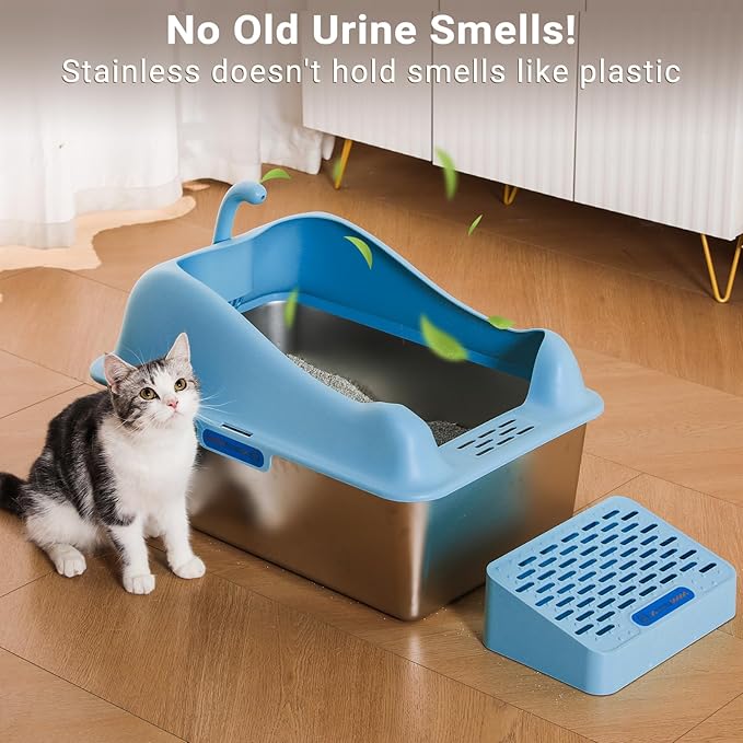 14" Deep Stainless Steel Litter Box, XXL Metal Litter Box with High Wall Sides Enclosure, Stainless Steel Litter Box with Lid, Never Absorbs Odors, Non-Sticky, Anti-Urine Leakage, Easy Cleaning-Blue