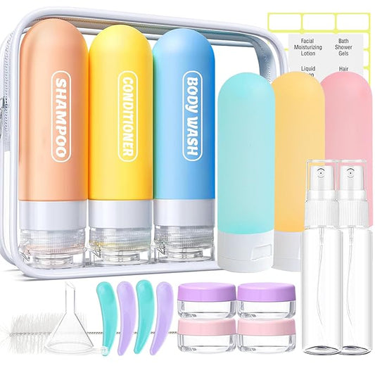 20 Pack Travel Bottles Set, TSA Approved Travel Size Toiletries Containers, Leak Proof Shampoo and Conditioner Bottles, Refillable Travel Essentials Toiletry Bottles (Light Color)