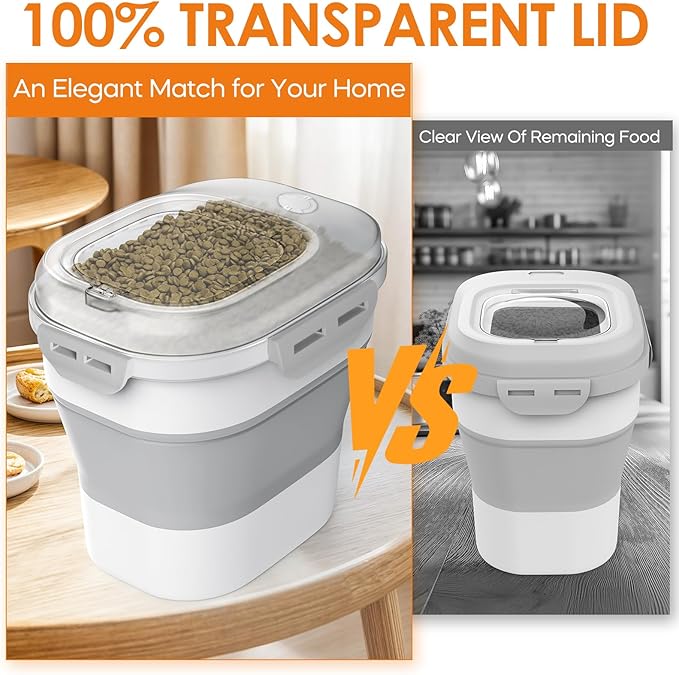 30-35Lbs Dog Food Storage Container,Collapsible Dog Food Container with Transparent Airtight Lids,Wheel,Date Track,Pet Food Storage Container for Rice,Scoop and 2pcs Small Containers (Clear-35LBS)