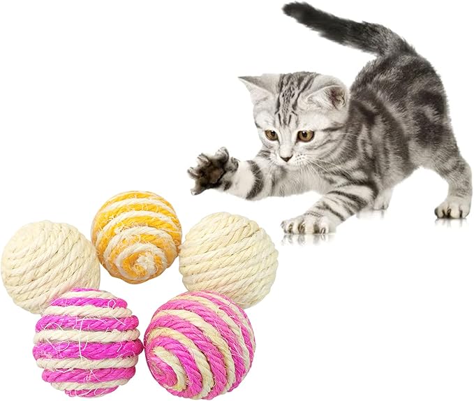WishLotus Cat Sisal Ball 5 Packs, 4.5CM Assorted Colored Sisal Balls for Cats to Scratch, Pat, Bite or Chase, Interactive Cat Toys for Indoors Cats Random Color(4.5cm 5pcs)
