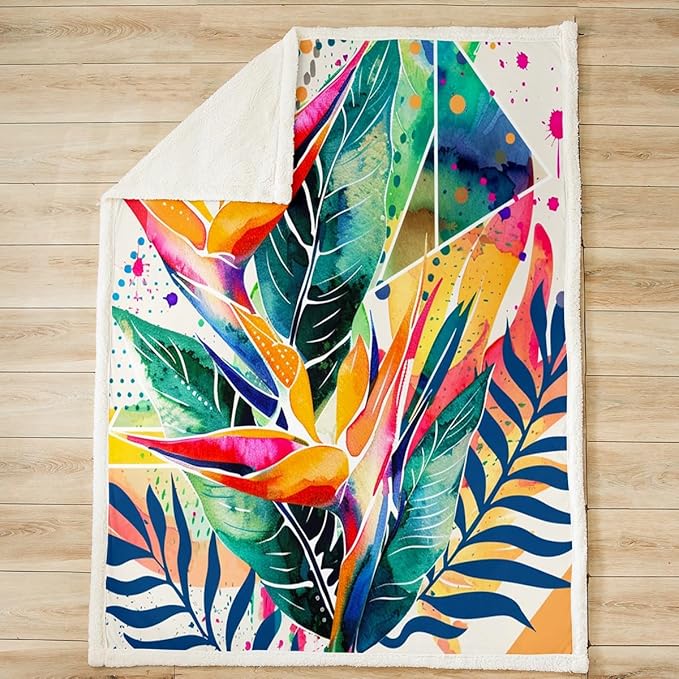 Tropical Leaves Fleece Throw Blanket Botanical Floral Printed Plush Blanket for Sofa Couch Bed Geometric Triangles Sherpa Blanket Bird Flower Leaf Fuzzy Blanket Colorful Room Decor Baby 30x40 Inch