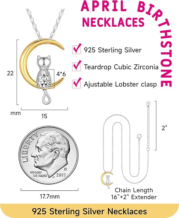Birthstone Necklace for Women Girls, Cat Necklaces 925 Sterling Silver Teardrop Pendant 18K Gold-Plated Birthstone Jewelry Gifts for Birthday Easter