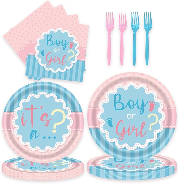 96 Pcs Gender Reveal Party Plates Napkins Forks Decorations Dinnerware Set Disposable Paper Boy or Girl Baby Birthday Supplies Tableware Favors, Serves 24 Guests