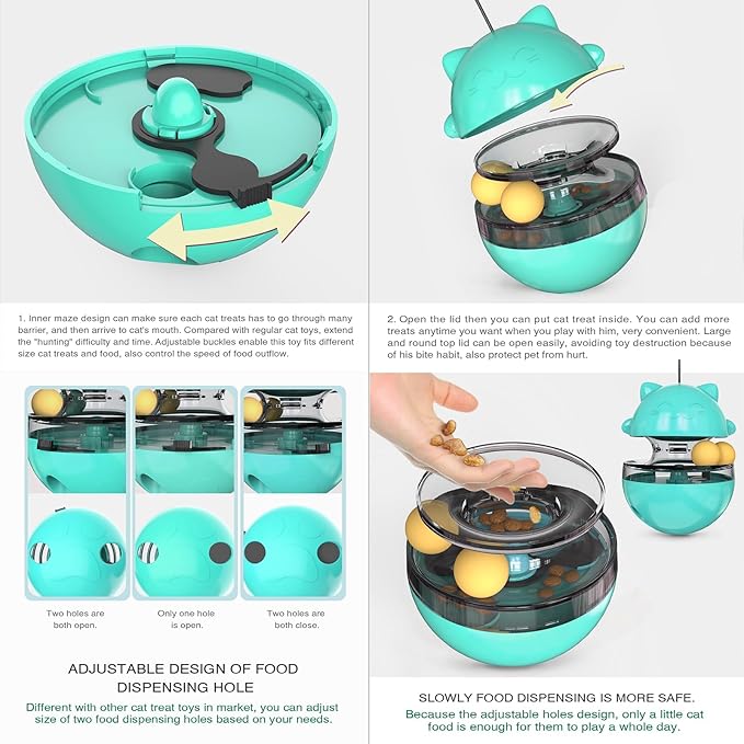 2 in 1 Cat Treat Dispenser Toy - Cat Interactive Toy and Cat Treat Ball, Tumbler Interactive Ball Cat Puzzle Feeder, Cat Food Puzzle Toy，Suitable for All Types of Cats and Small pet Dogs（Lake Blue