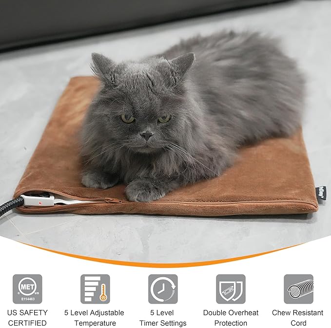 Upgraded Pet Heating Pad, 5 Adjustable Temperature & Timer, Electric Heated Dog Cat Bed for Winter, Auto Power-Off, Waterproof Chew-Resistant (S:16'' x 13'')