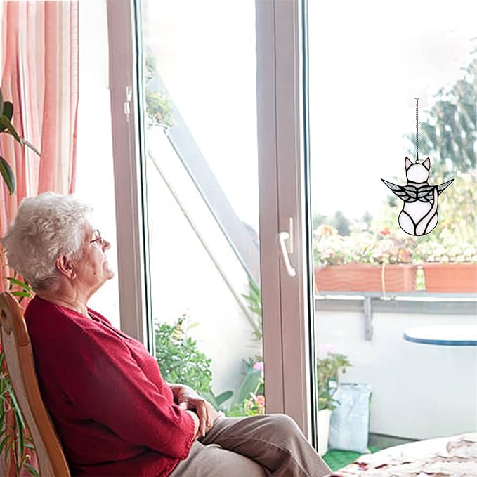 BOXCASA Angel Cat Memorial Gifts Ornaments,Stained Glass Window Hanging Decorations,Angel Wings White Cat Suncatcher Decor,Cat Lovers Gifts Ornaments,Pet Memorial Sympathy Gifts Decoration