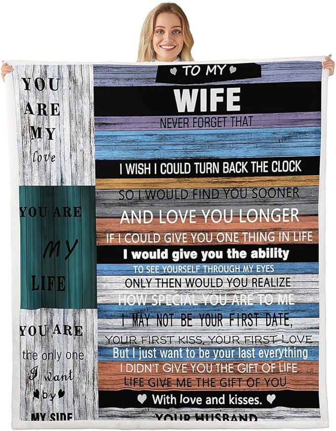 Feelyou Women Throw Blanket to My Wife Valentine's Day Sherpa Blanket for Bed Sofa Wife Couple Lover Fleece Blanket Breathable Chic Retro Wood Grain Style Warm Fuzzy Blanket Room Decor Twin 60"x80"