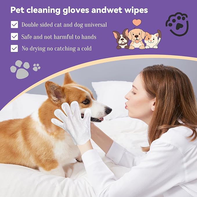 Pet Glove Wipes for Dogs & Cats 8 PCS,Bathing Wipes for Dogs and Cats,Hypoallergenic with Coconut Oil Nourishing Grooming Fur,Cat Dog Cleaning Gloves Wipes,Deodorizing Gloves for Pet Daily Care