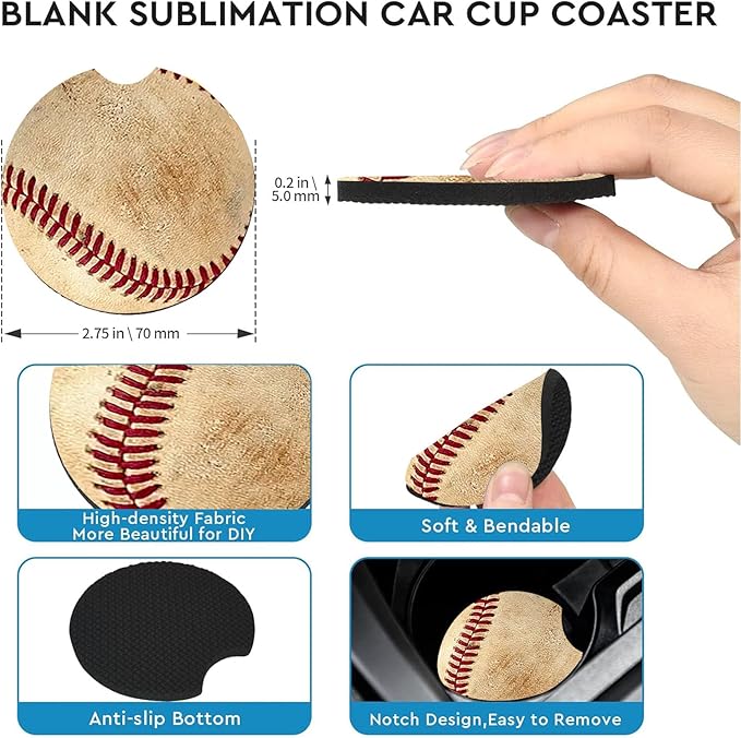 Car Coasters for Cup Holders,2 Pack Baseball Car Coasters,2.75" Universal Size Anti Slip Rubber Mat,Automotive Cup Holder Decal Decor Accessories,Baseball Gifts for Women,Men,Mom