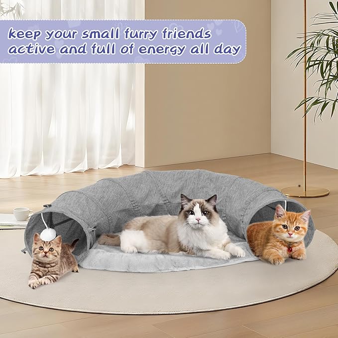 Cat Tunnel, Collapsible Cat Tunnel Bed Sturdy Oxford Fabric for Indoor Cats,Interactive Hanging Ball Pet Tunnel Tube with Cat Teaser Stick (Grey)