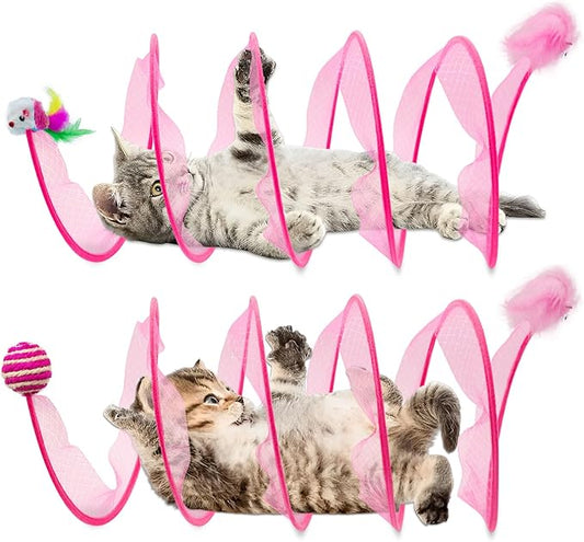 2 Packs Folded Cats Tunnel, Cats Tunnels Toy for Indoor Cats Collapsible Tubes Plays Tunnel Spring Exercise Pet Tunnel Bed Interactive with Toys Feather Mouse Attract Kitten Pink