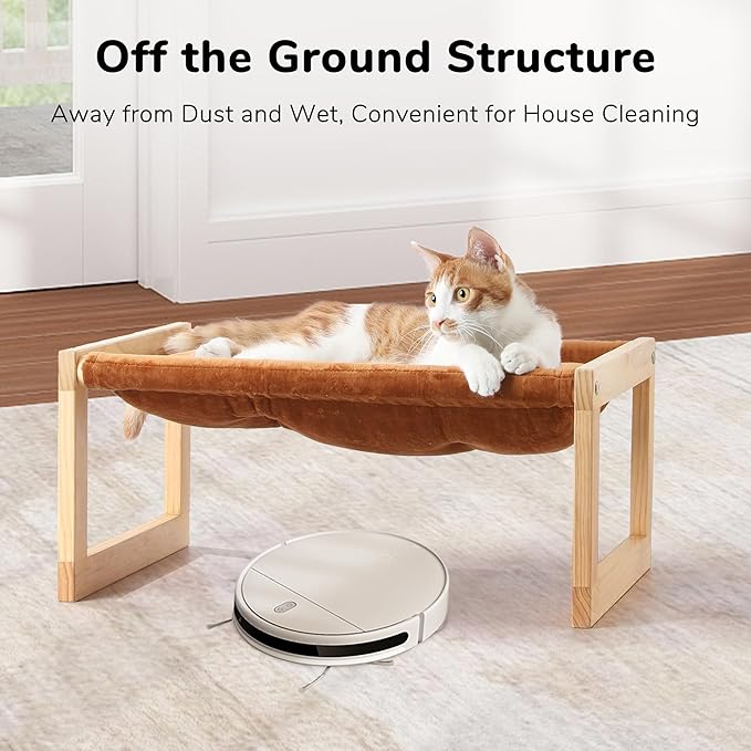 FUKUMARU Cat Bed, Plush Velvet Cat Beds for Indoor Cats, Wooden Cat Hammock, 21 x 16.5 Inch Cat Couch, Suitable for Cats, Dog, Bunny, Rabbit, Kitten and Small Animal, Brown
