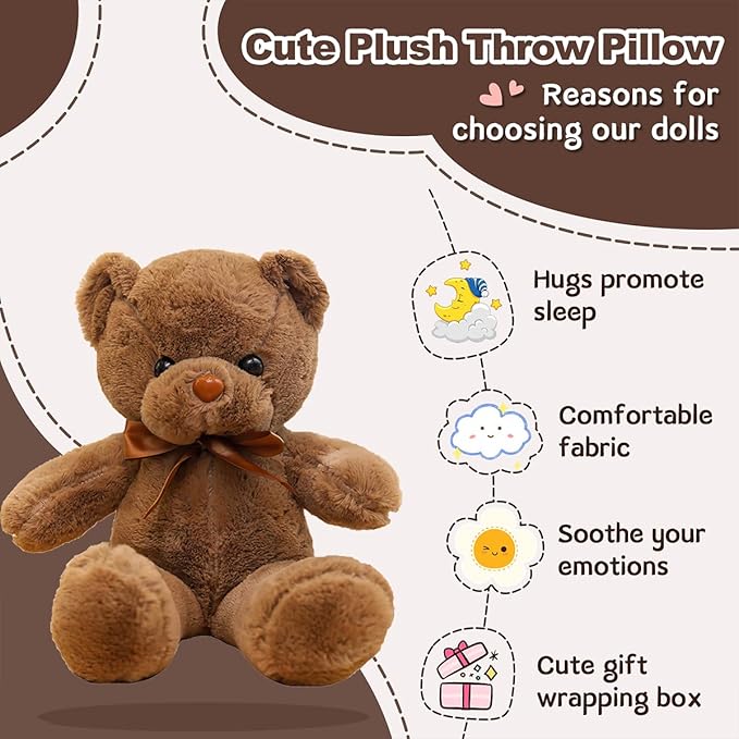 Brown Teddy Bear Stuffed Animals, 13" Soft Cuddly Stuffed Teddy Bear Plush Cute Plush Toys for Birthday Mother's Day Valentine’s Day Wedding Graduation Party Gifts for Kids