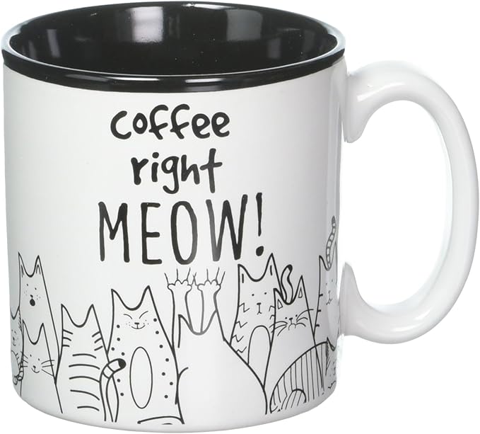 BnB Cat Lovers Mug Coffee Right Meow Funny Message Novelty Ceramic Cup for Java, Hot Tea or Hot Chocolate 13 oz 3.75 in H x 5 in W x 3.5 in D, Black and White with Feline Animated drawings, One in box