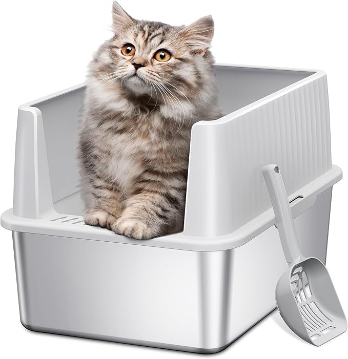 Barhon Stainless Steel Litter Box Small, Kitten Litter Box with High Sides 17" L x 13.3" W x 11.8" H, Metal Kitty Litter Box Easy to Clean, Non Sticky Bottom, Odor-Free, Light Grey