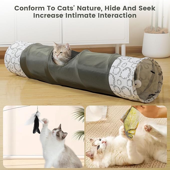 Cat Tunnel,Cat Tunnel for Indoor Cats, Collapsible Crinkle Paper Cat Play Tunnel Toys Set Anti-Scratch Cat Tunnel 9.8"*51",Cat Feather Toy Fishes for Cats, Puppy, Kitty, Kitten, Rabbit