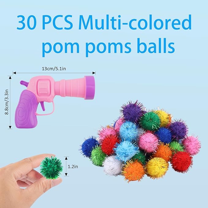 Dorhui Cat Toy Balls with Launchers Set, 30 Pcs Sparkle Pom Pom Balls for Cat,Cat Enrichment Toys,cat Toys for Indoor Cats, Interactive Glitter Pom Pom Balls for Kitty Gifts
