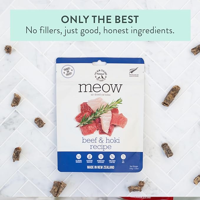 Meow Air Dried Cat Food - Beef & Hoki Recipe, High Protein Dry Cat Food Use as a Complete Diet, Topper, Mixer, or as Cat Training Treats, All Life Stages, 3.5 oz