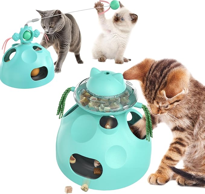 Interactive Cat Toys for Indoor Cats,4 in 1 Cat Treat Puzzle Slow Feeder Cat Wand Dancer Rolling Treat Ball Maze,Cat Treat Dispenser Puzzle Toy Cat Toys for Indoor Cats for Kitten Adult Cat