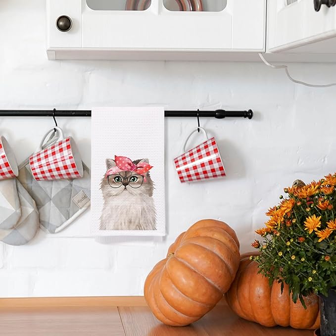 SPBL&L Red Bandana Cat Towels - Cute Hand & Dish Towels for Kitchen & Bathroom, Cat Gifts, 16x24 Inches