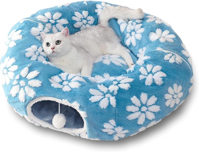 Cat Tunnel for Indoor Cats, Cute Peekaboo Cat Cave Play Tunnel with Dangling Balls, Pet Donut Tunnel Bed with Circle Mat for Cat Puppy Kitten Rabbit, Blue