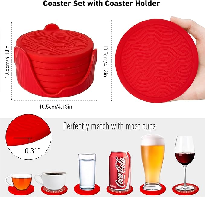6-Pack Silicone Coasters with Deep Tray Holder, Double-Sided Drink Coasters, Christmas Decorations