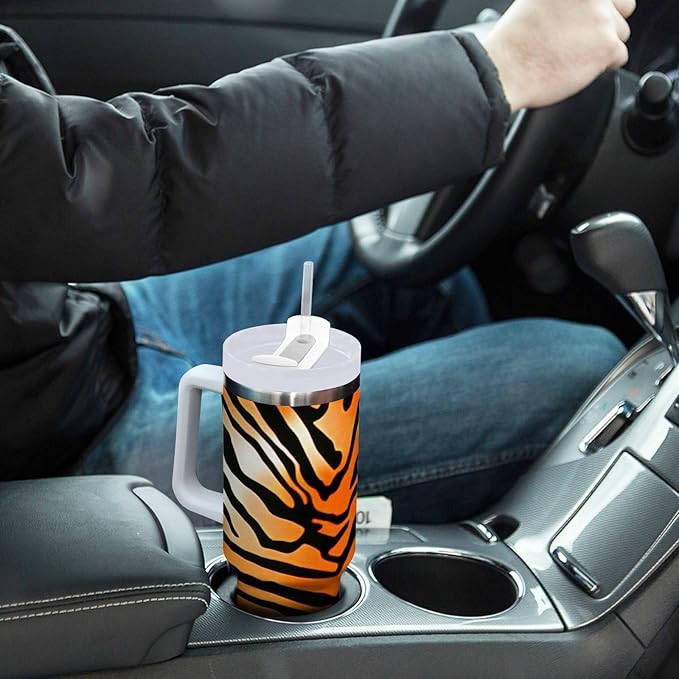 Boccsty Tiger Skin Texture Tiger Insulated Tumblers Black Orange Stripe Reusable Stainless Steel Tumbler 40 oz Cup Coffee Travel Mug Water Bottle with Handle & Flip Straw for Home Office Car
