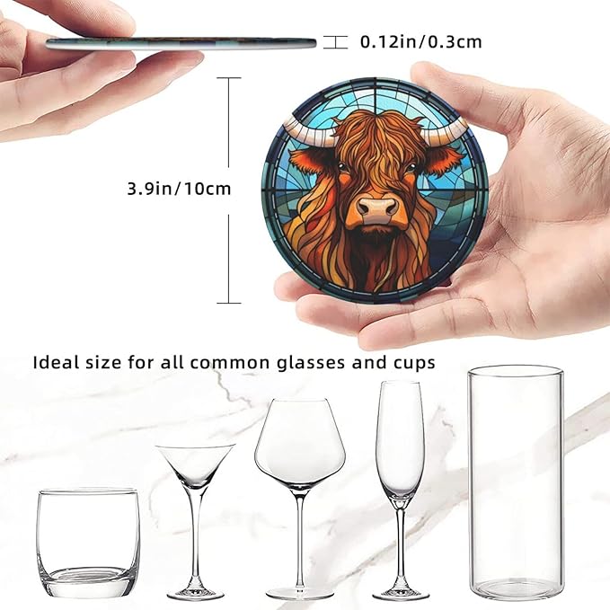 Highland Cow Drink Coaster Set of 6, Highland Cow Decor Gifts, Leather Drink Coasters with Holder, 6 Pack Cup/Bar/Drink Coasters for Table/Drinks/Coffee Protection Housewarming Gift