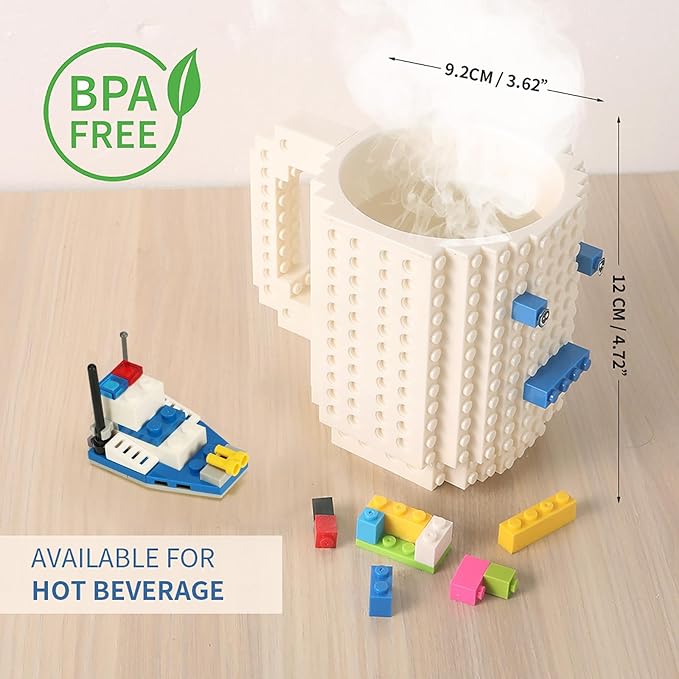Build-on Brick Coffee Mug, Funny DIY Novelty Cup with Building Blocks Creative for Kids Men Women Xmas Birthday (White)