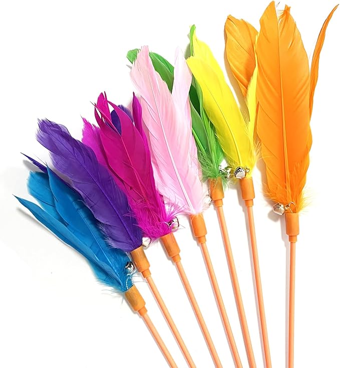 Cat Wands, 6 PCS Colorful Feather Cat Teaser Toys Interactive Cat Feathers Wand with Bell for Cat and Kitten