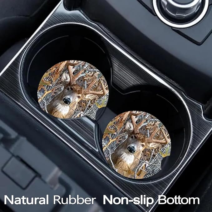 Car Coasters for Cup Holders,2 Pack Camo Deer Car Coasters,2.75" Universal Size Anti Slip Rubber Mat,Automotive Cup Holder Decal Decor Accessories,Camo Deer Gifts for Women,Men,Mom