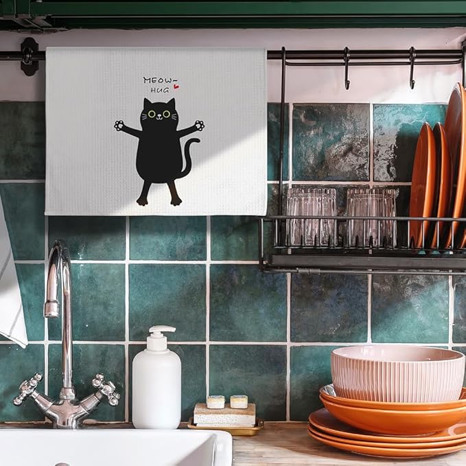 Single Decorative Kitchen Towel with Adorable Hugging Kitty and 'Meow, Hug' Text-Quick-Drying Cute Hand Towel for Cooking,Stylish Bathroom Decor-Whimsical Cat Mom Gifts,Crazy Cat Lady Accessories