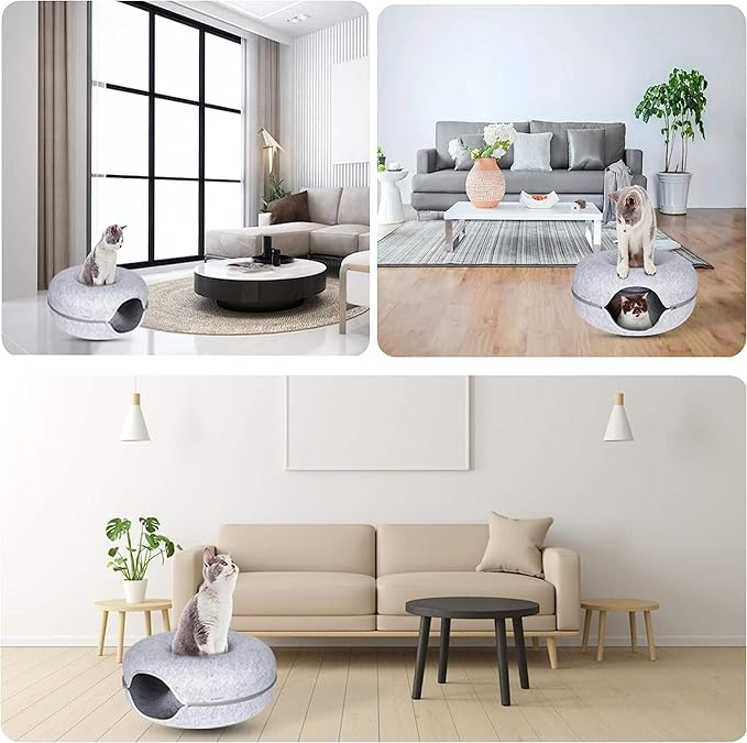 Cat Tunnel Bed, Cat Bed Donut, Cat Toy Hideout Indoor, Cat Condo, Cat Cave, Cats Toys Scratch Resistant Hideout, for All Seasons (light grey-2024, 24 * 24 * 11 inches)