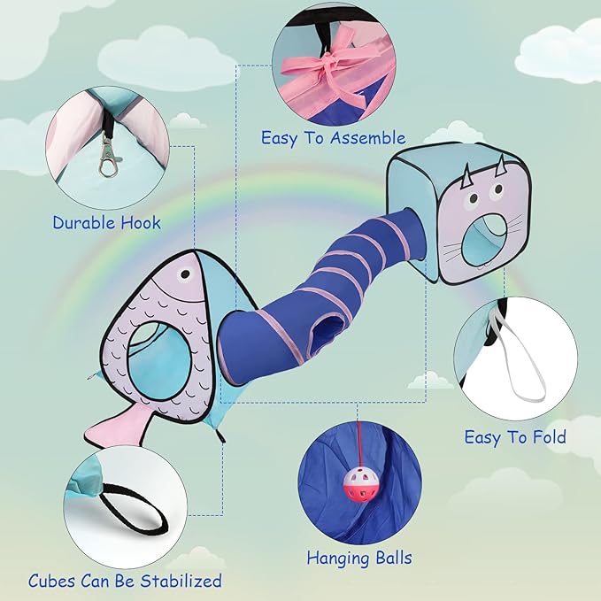 Rypet Cat Toy Tunnel and Cubes Bundle - Interactive Crinkle Collapsible Cat Tube and Foldable Cubes Playground for Kitty, Rabbit, Puppy, Ferret Hiding Hunting and Resting