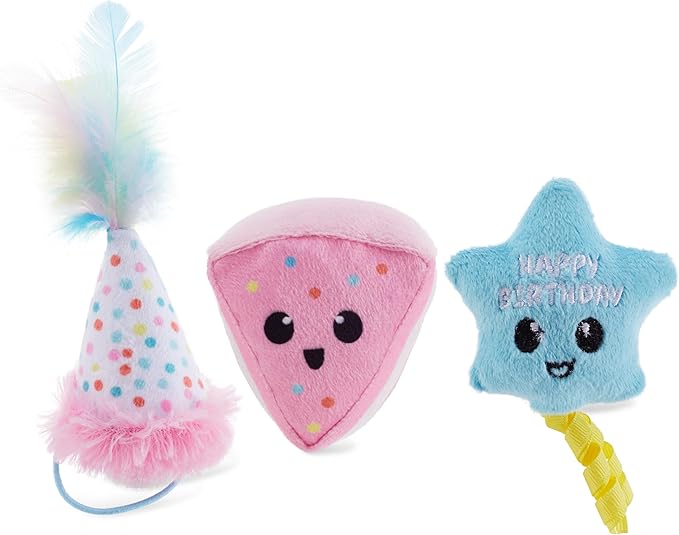 Catstages Happy Purrthday Birthday Themed Plush Catnip Blend Cat Toys, 3Pk, Multicolored