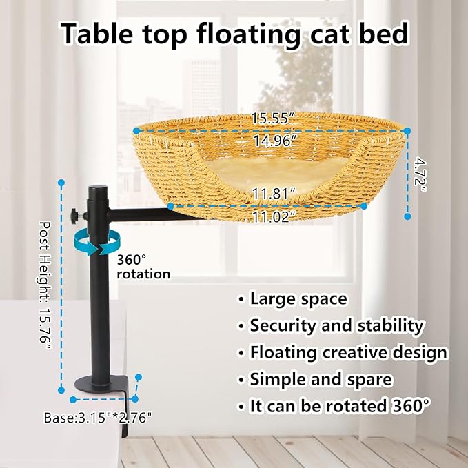Cat Desk Bed,Cat's Desk Nest with Crafted Workmanship,Suitable for Cats up to 50 pounds,Steel Frame, Adjustable Height, 360 Rotating cat Desk Bed,Easy to Install, Including mounting Accessories
