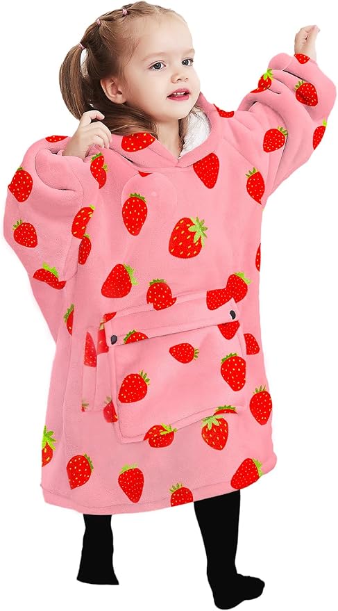 KFUBUO Wearable Blanket Hoodie for Kids Toddlers Sherpa Blanket Sweatshirt With Pocket Cute Hoodies 2-6 Year Old Girl Birthday Gifts Strawberry