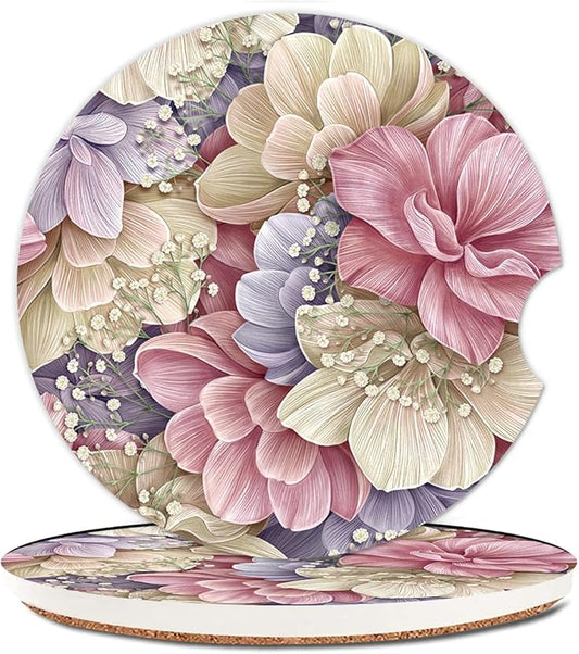 Absorbent Car Cupholder Coaster 2 Pack, Cute Car Coasters with a Finger Notch for Women & Men,2.56" Ceramic Stone & Non-Scratch Cork Base Drink Coasters, Cute Auto Accessories Gifts