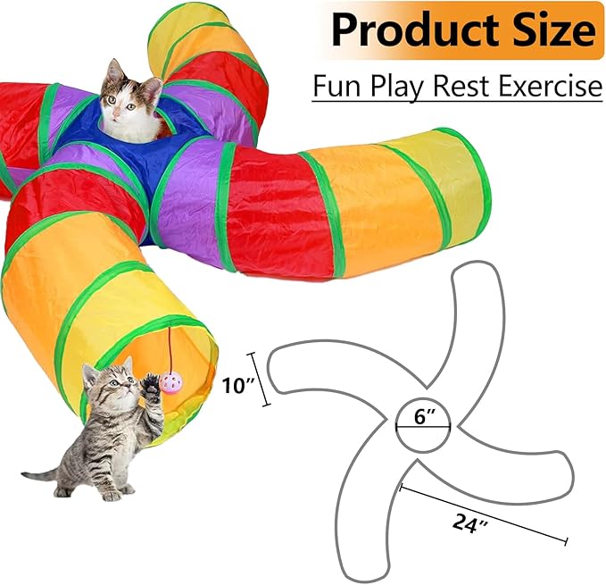 EGETOTA Cat Tunnel for Indoor Cats Large, with Play Ball S-Shape 4 Way Collapsible Interactive Peek Hole Pet Tube Toys, Puppy, Kitty, Kitten, Rabbit (S4 - Multicolor)