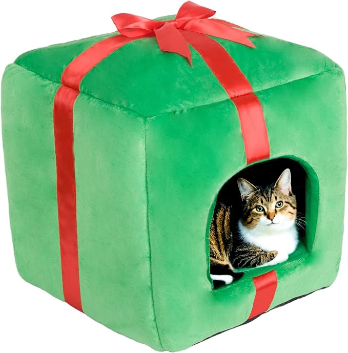 ShellKingdom Christmas Cat House, Cat Cave, Cute Shape Cat Beds for Indoor Cats, Xmas Gift Box Cat Cube with Bed Cushion for Small Pet, 13.77 X 13.77 INCHES (Gift Box Shape)