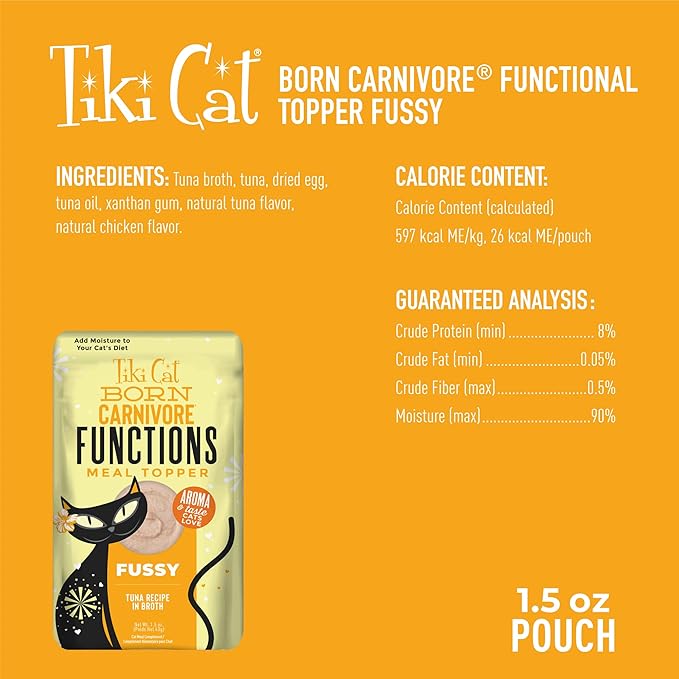 Tiki Cat Born Carnivore Functions Fussy, Tuna Recipe in Broth, Highly Palatable Formulated for Picky Eaters, Mousse Cat Food Topper, 1.5 oz. Pouch (12 Count)