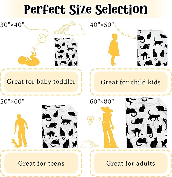 Black Cats Blanket Throw Super Soft and Cozy Blankets for Home Decoration, Couch, Bed, Sofa 60"x50" Medium for Teen for All Seasons