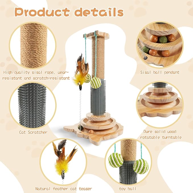 TONY HOBY Cat Scratching Post, Sisal Scratching Poles with 2 Hanging Balls, Cat Interactive Toy with Tickle Stick for Small Medium Cat (18 in, Beige)