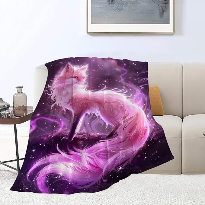 Pink Fox Throw Blanket Cute Beautiful Fox Print Blankets Gifts for Couch Sofa Bed Stuff Decor Soft Cozy Lightweight Fleece Plush Flannel Bedding for Lover Men Women Girls Adults 50"x60"