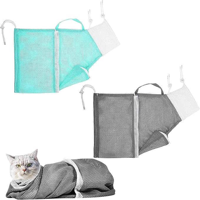 2PCS Cat Bathing Bag, Adjustable Cat Grooming Net Bag Breathable Cat Shower Bag for Cat Restraint Washing Bathing Nail Trimming Injection Medicine Taking (Green, Grey)