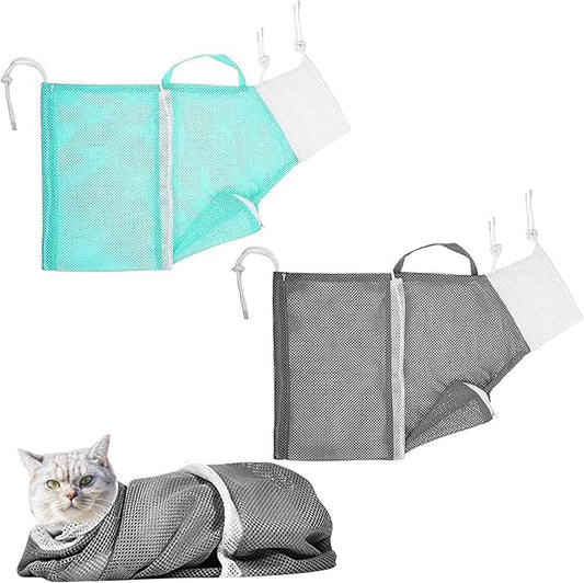 2PCS Cat Bathing Bag, Adjustable Cat Grooming Net Bag Breathable Cat Shower Bag for Cat Restraint Washing Bathing Nail Trimming Injection Medicine Taking (Green, Grey)