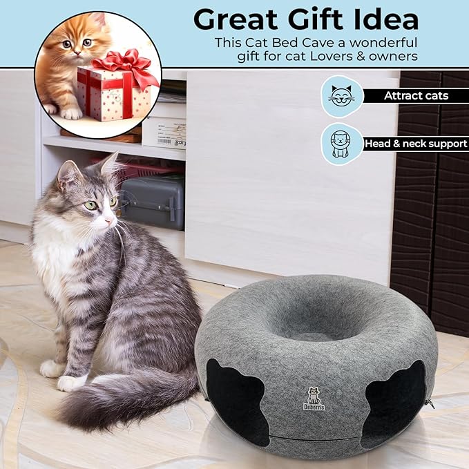 Peekaboo Cat Tunnel Bed-Large, Scratch-Resistant Donut Cave for Indoor Cats Up to 30-45 lbs, Detachable & Washable Design, Perfect Cozy Play & Rest Spot for Cats and Small Dogs (Ligh Grey, Large)