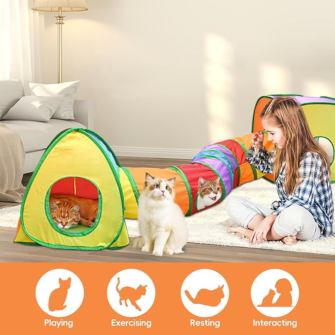 Cat Tunnel and cat Ball Pit, cat Toys for Indoor Cats, Pop Up Collapsible Crinkle Interactive Peek Hole, Cat Tube with Play Ball and Bell for Kitten, Puppy, Kitty, Rabbit - Set of 3